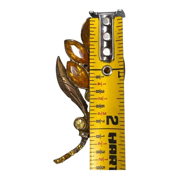 Vintage Amber Rhinestone Leaf Brooch Gold Tone Jewelry Unsigned Estate Statement - Picture 4 of 5